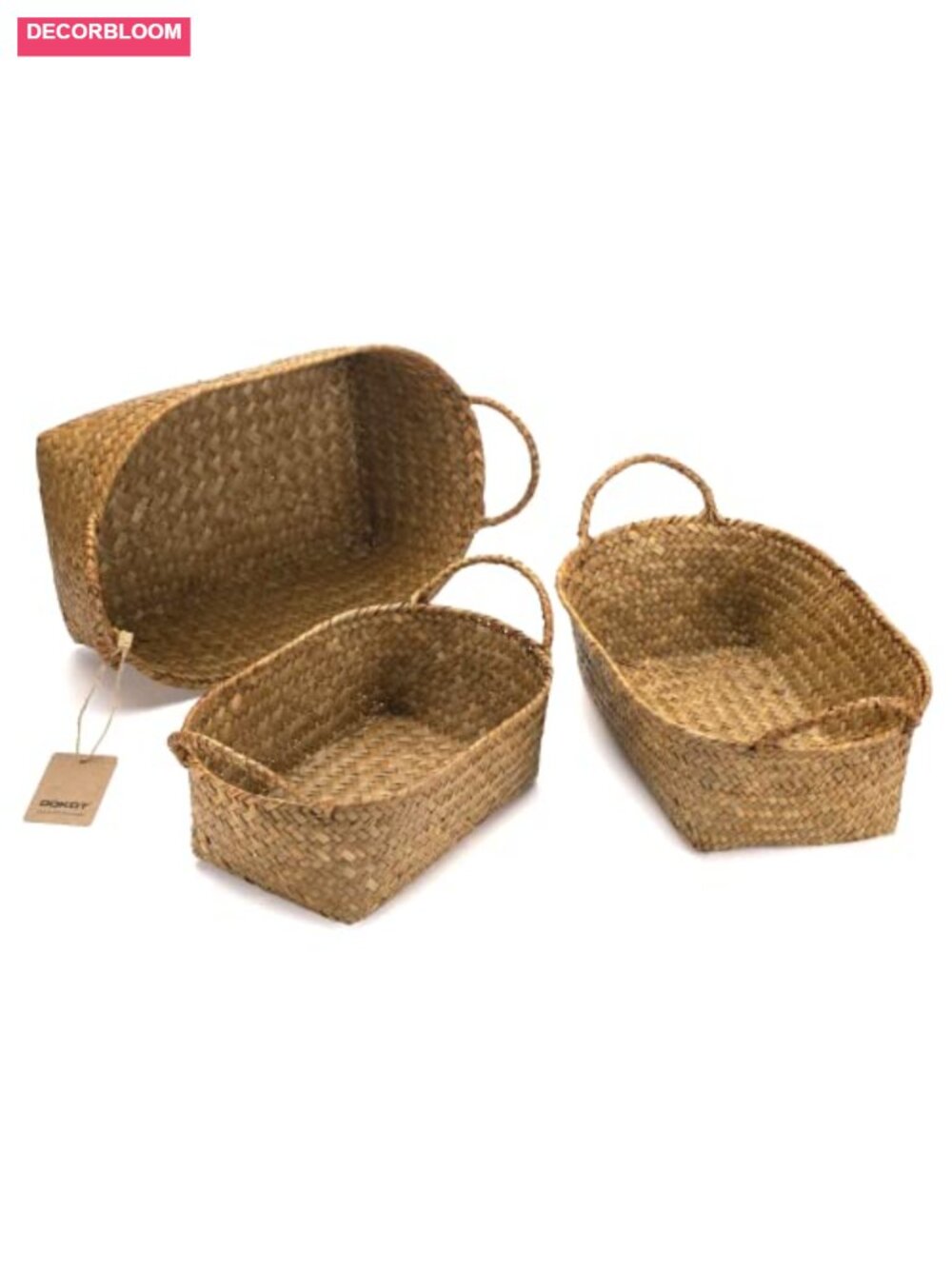 Woven Seagrass Storage Baskets Set of 3 with Handles for Kitchen Organizing